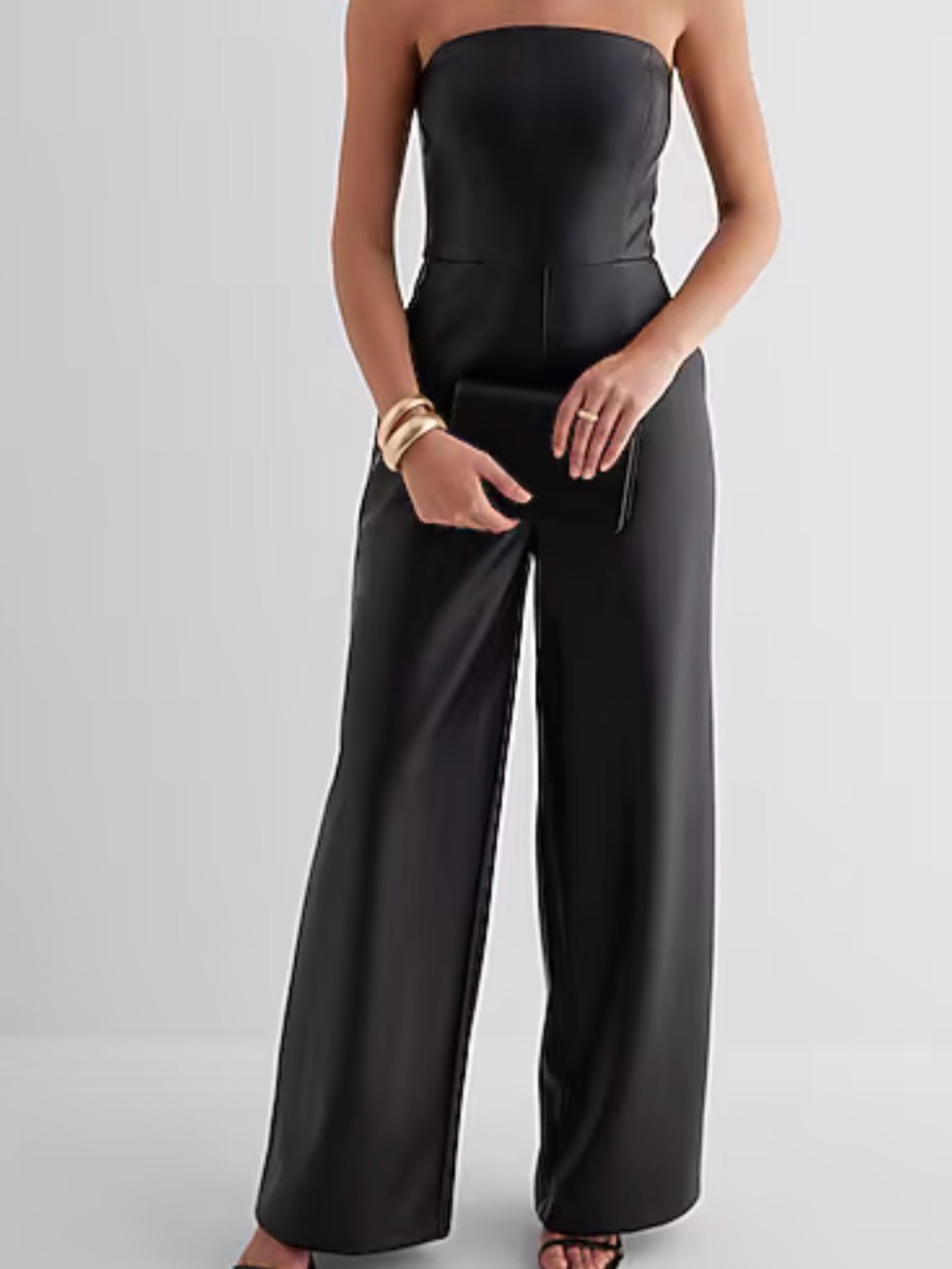 Express Black Strapless Faux Leather Wide-Leg Jumpsuit